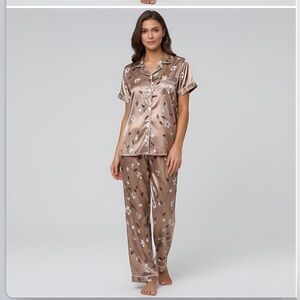 Satin Floral Print Contrast Piping PJ Set